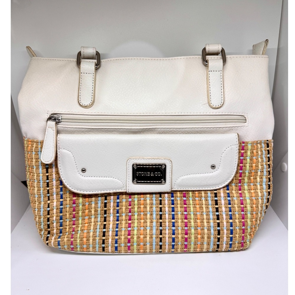 Stone & Co Multi Color Woven Straw White Faux Leather Tote Shoulder Bag 2AS264-3